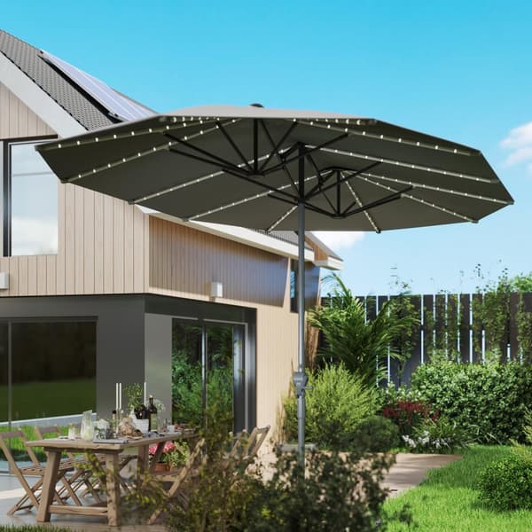 Dobbel Parasoll med Solar LED-lys 451 x 267 cm Aluminium UV 50+ Parasoll med Håndsveiv Balkong Paraply Vindtett Market Paraply Solbeskyttelse for Stra
