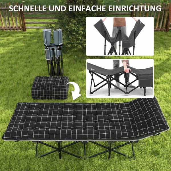 Sammenklappelig campingseng, feltseng med sidelomme, madras, skridsikker gæsteseng, kan holde op til 150 kg, udendørs Oxford, sort, 190 x 67 x 37 cm