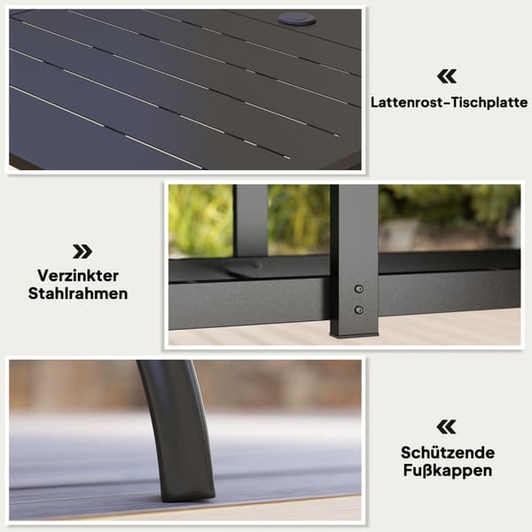 Teräs Puutarhapöytä 150x90 cm Säänkestävä Parvekepöytä Sateenvarjoreiällä, Säle Design Buffet Pöytä Retkipöytä 6 hengelle Patiopöytä Ulkoruokailupöytä