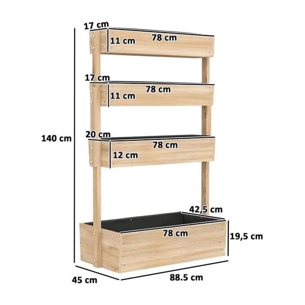 Træhøjbed, 4 plan plantebed med drænhuller, kold ramme, havebed, plantekasse, 88,5 x 45 x 140 cm, grøntsagsbed til haven, altan, potte til blomster, p