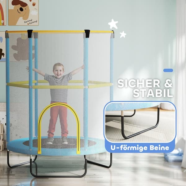 Barnetrampolin Ø140 cm, innendørs trampoline med sikkerhetsnett, gummitau, kanttrekk, barnetrampolin med dør med glidelås for 3-6 år barn mørkeblå |