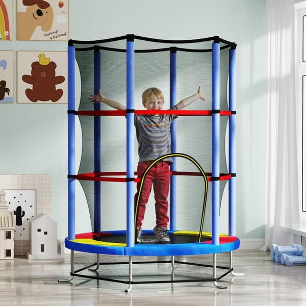 Barnetrampolin, Ø140 cm trampoline for barn med sikkerhetsnett, hagetrampolin for 3-6 år barn, innendørs, fargerik |