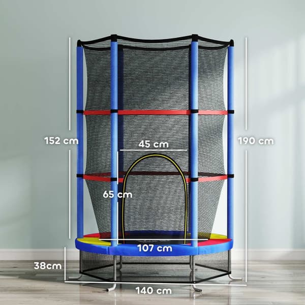 Barnetrampolin, Ø140 cm trampoline for barn med sikkerhetsnett, hagetrampolin for 3-6 år barn, innendørs, fargerik |