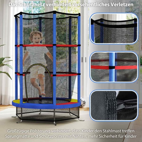 Barnetrampolin, Ø140 cm trampoline for barn med sikkerhetsnett, hagetrampolin for 3-6 år barn, innendørs, fargerik |