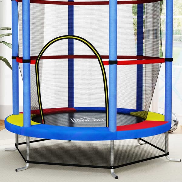 Barnetrampolin, Ø140 cm trampoline for barn med sikkerhetsnett, hagetrampolin for 3-6 år barn, innendørs, fargerik |