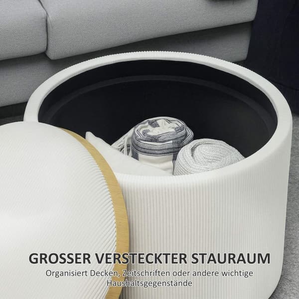 Pall med förvaringsutrymme pall med lock, rund fotpall stoppad pall soffbord med sladdlook 56 x 56 x 42 cm krämvit |