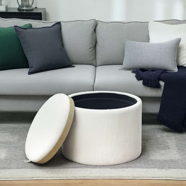 Pall med förvaringsutrymme pall med lock, rund fotpall stoppad pall soffbord med sladdlook 56 x 56 x 42 cm krämvit |
