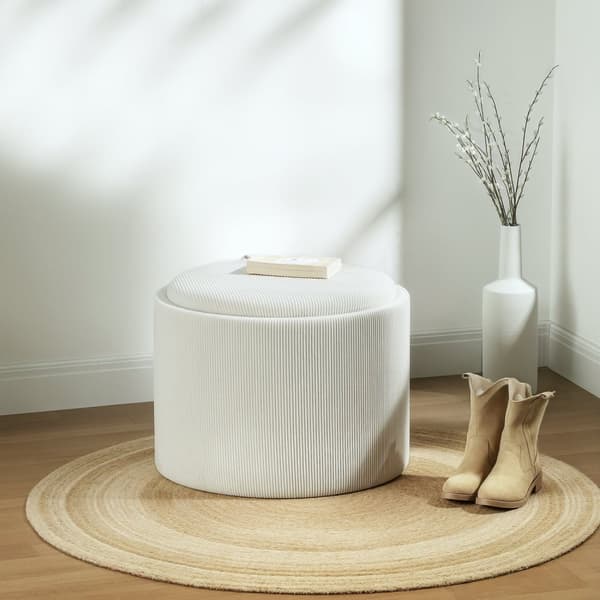 Pall med förvaringsutrymme pall med lock, rund fotpall stoppad pall soffbord med sladdlook 56 x 56 x 42 cm krämvit |