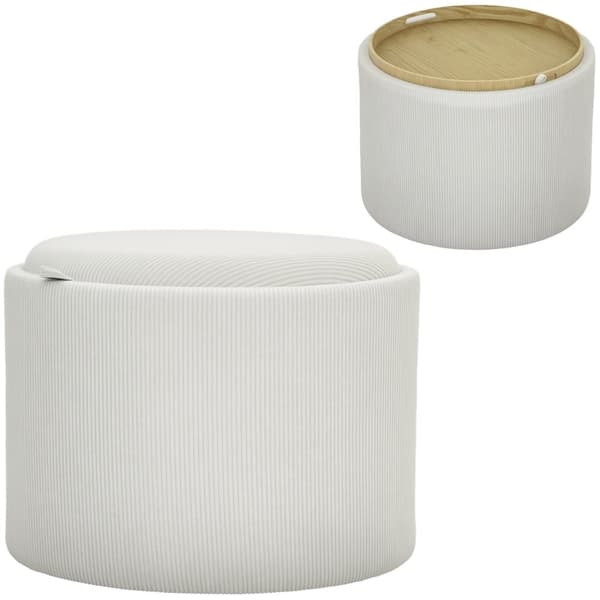 Pall med förvaringsutrymme pall med lock, rund fotpall stoppad pall soffbord med sladdlook 56 x 56 x 42 cm krämvit |