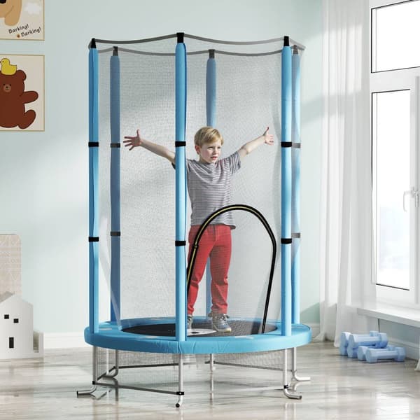 Barnetrampolin Ø140 cm, innendørs trampoline med sikkerhetsnett kantdekke gummitau, barn trampoline med dør med glidelås, blekksprutmønster, for barn