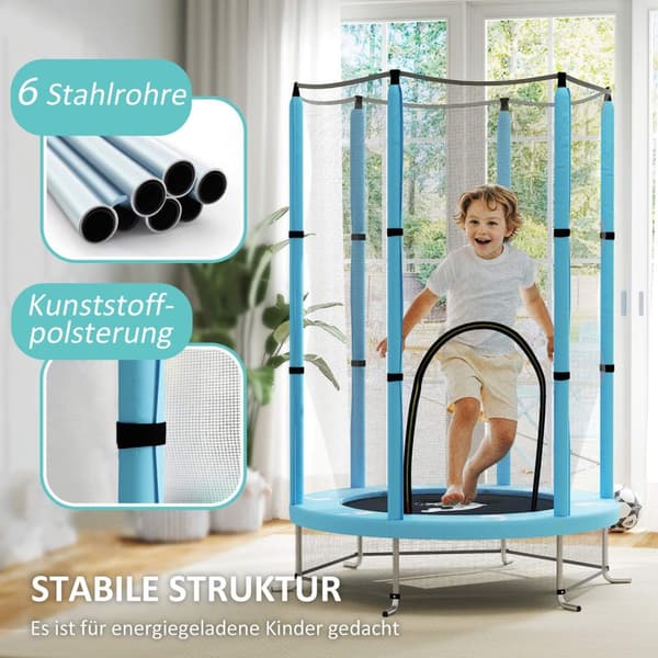 Barnetrampolin Ø140 cm, innendørs trampoline med sikkerhetsnett kantdekke gummitau, barn trampoline med dør med glidelås, blekksprutmønster, for barn