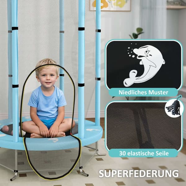 Barnetrampolin Ø140 cm, innendørs trampoline med sikkerhetsnett kantdekke gummitau, barn trampoline med dør med glidelås, blekksprutmønster, for barn