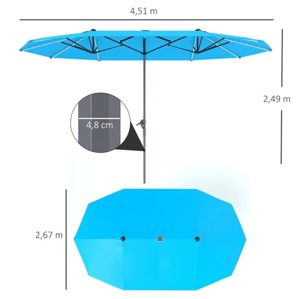Dobbel Parasoll med Solar LED-lys 451 x 267 cm Aluminium UV 50+ Parasoll med Håndsveiv Balkong Paraply Vindtett Market Paraply Solbeskyttelse for Stra