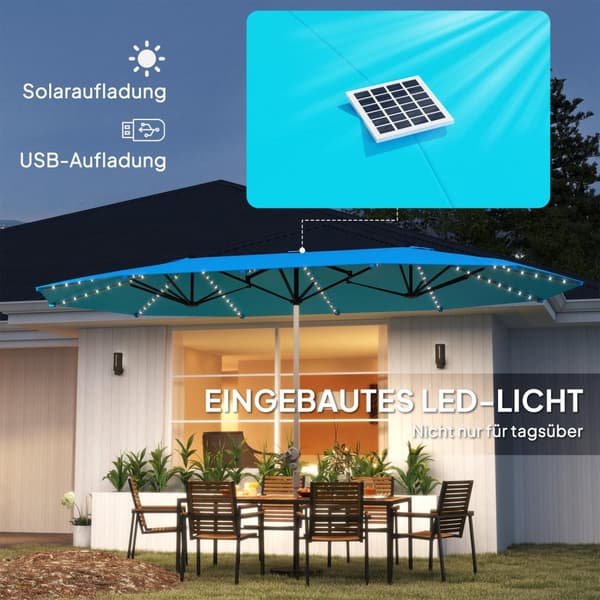 Dobbel Parasoll med Solar LED-lys 451 x 267 cm Aluminium UV 50+ Parasoll med Håndsveiv Balkong Paraply Vindtett Market Paraply Solbeskyttelse for Stra