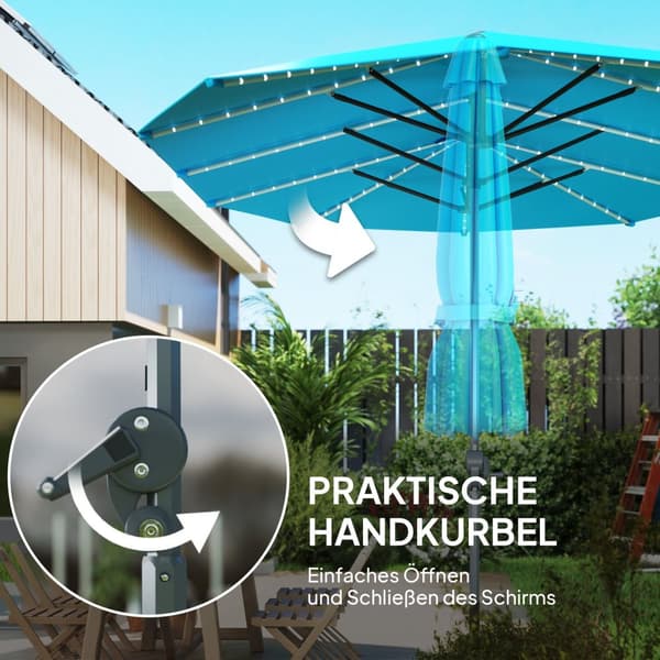 Dobbel Parasoll med Solar LED-lys 451 x 267 cm Aluminium UV 50+ Parasoll med Håndsveiv Balkong Paraply Vindtett Market Paraply Solbeskyttelse for Stra