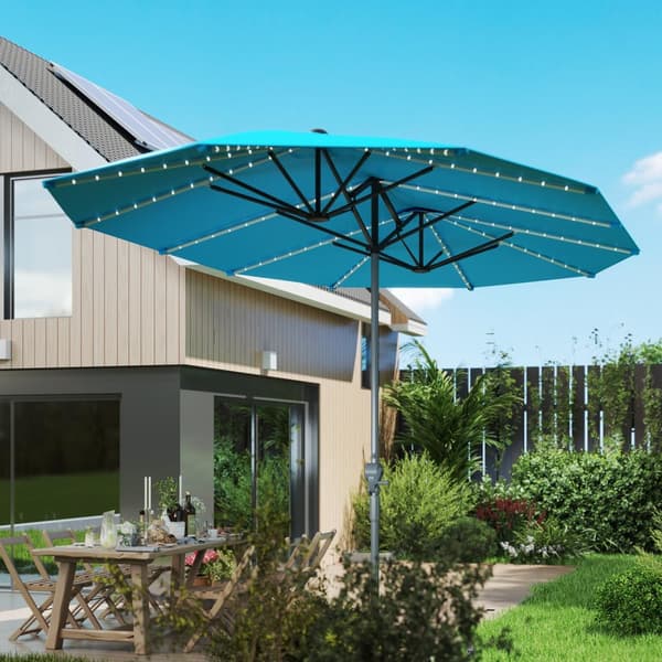Dobbel Parasoll med Solar LED-lys 451 x 267 cm Aluminium UV 50+ Parasoll med Håndsveiv Balkong Paraply Vindtett Market Paraply Solbeskyttelse for Stra