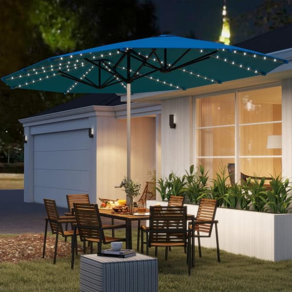 Dobbel Parasoll med Solar LED-lys 451 x 267 cm Aluminium UV 50+ Parasoll med Håndsveiv Balkong Paraply Vindtett Market Paraply Solbeskyttelse for Stra