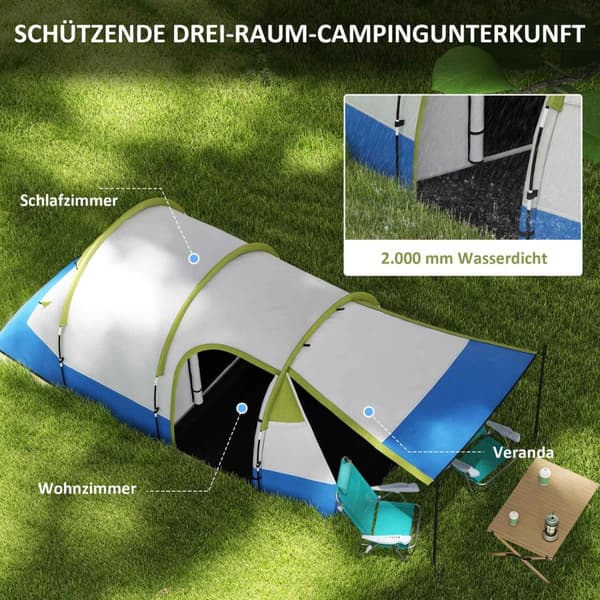 Campingtält, tunneltält för 3 personer, med lätta krokar, markis, 2 rum, vindtätt familjetält med bärväska, 2000 mm vattenavvisande pop up-tält för ca