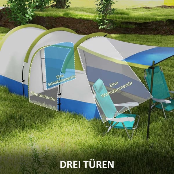 Campingtält, tunneltält för 3 personer, med lätta krokar, markis, 2 rum, vindtätt familjetält med bärväska, 2000 mm vattenavvisande pop up-tält för ca