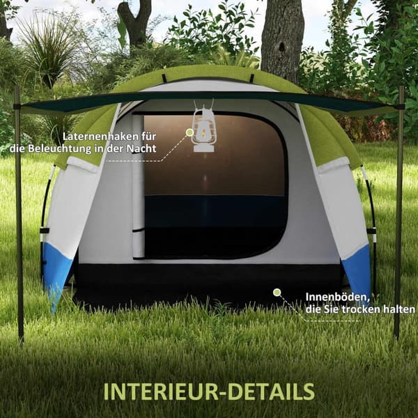 Campingtält, tunneltält för 3 personer, med lätta krokar, markis, 2 rum, vindtätt familjetält med bärväska, 2000 mm vattenavvisande pop up-tält för ca