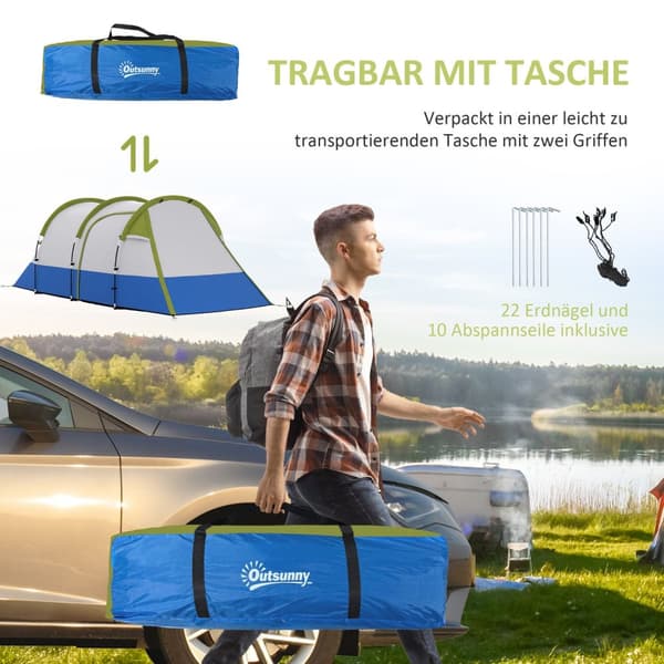 Campingtält, tunneltält för 3 personer, med lätta krokar, markis, 2 rum, vindtätt familjetält med bärväska, 2000 mm vattenavvisande pop up-tält för ca