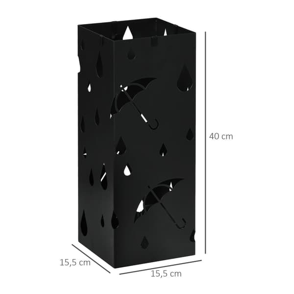 Paraplystativ med 4 kroge, vandopsamlingsbakke, paraplyholder til entre, paraplyer og spadserestokke, stål, 15,5 x 15,5 x 40 cm, sort