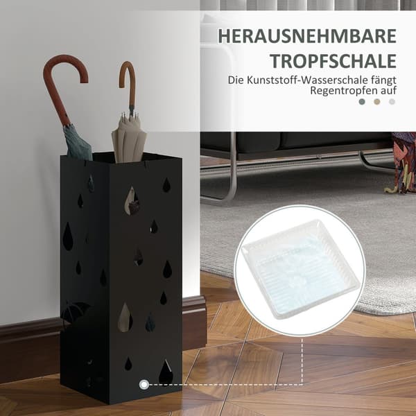 Paraplystativ med 4 kroge, vandopsamlingsbakke, paraplyholder til entre, paraplyer og spadserestokke, stål, 15,5 x 15,5 x 40 cm, sort