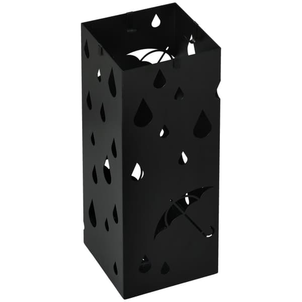 Paraplystativ med 4 kroge, vandopsamlingsbakke, paraplyholder til entre, paraplyer og spadserestokke, stål, 15,5 x 15,5 x 40 cm, sort