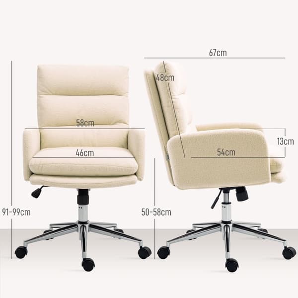 Kontorstol Ergonomisk skrivebordsstol med armlæn, lammeuldslook, højdejusterbar drejestol med vippefunktion, polstret hjemmekontorstol, cremehvid |
