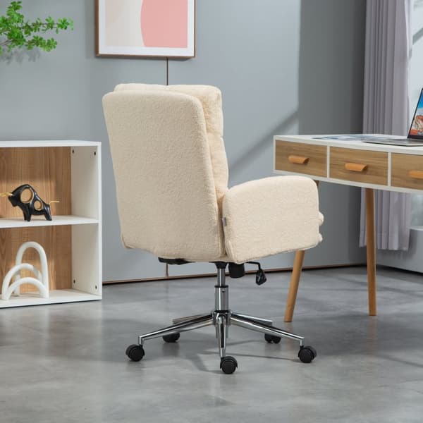 Kontorstol Ergonomisk skrivebordsstol med armlæn, lammeuldslook, højdejusterbar drejestol med vippefunktion, polstret hjemmekontorstol, cremehvid |