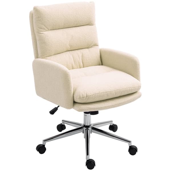 Kontorstol Ergonomisk skrivebordsstol med armlæn, lammeuldslook, højdejusterbar drejestol med vippefunktion, polstret hjemmekontorstol, cremehvid |
