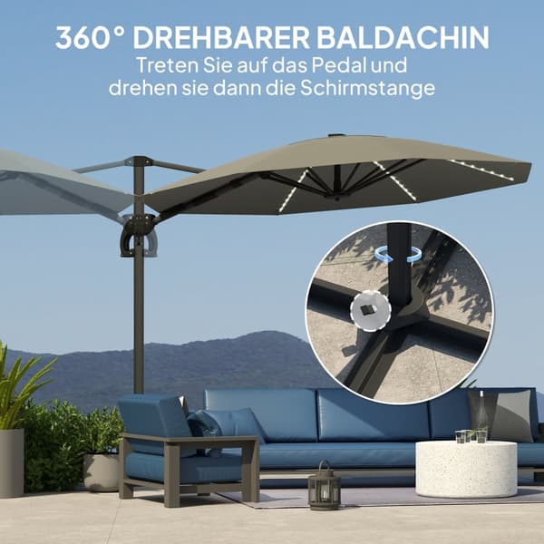 Alumiininen päivänvarjo LED-auringon halkaisija 300 cm korkeussäädettävä aurinkovarjo kampitelineellä UV50+ vettä hylkivä 360° kääntyvä markkinasateen