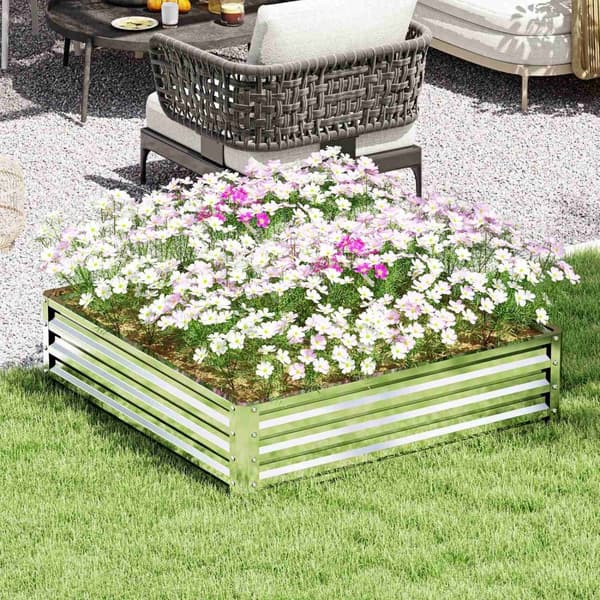 Højbed, blomsterkasse, grøntsagsbed, plantekasse, urtebed til haven, terrasse, altan, stål, sølv, 120 x 120 x 30 cm |