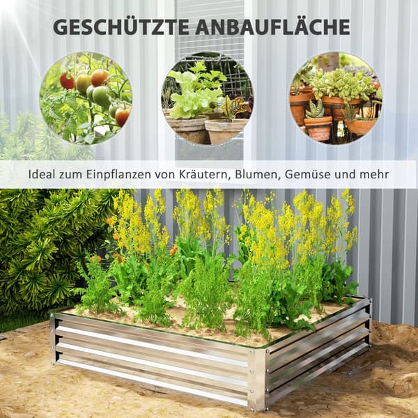 Højbed, blomsterkasse, grøntsagsbed, plantekasse, urtebed til haven, terrasse, altan, stål, sølv, 120 x 120 x 30 cm |