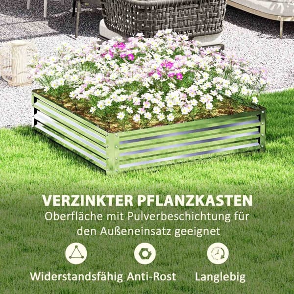Højbed, blomsterkasse, grøntsagsbed, plantekasse, urtebed til haven, terrasse, altan, stål, sølv, 120 x 120 x 30 cm |