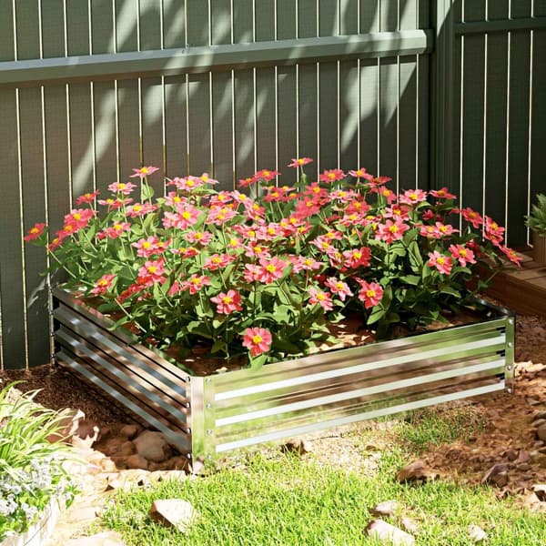 Højbed, blomsterkasse, grøntsagsbed, plantekasse, urtebed til haven, terrasse, altan, stål, sølv, 120 x 120 x 30 cm |