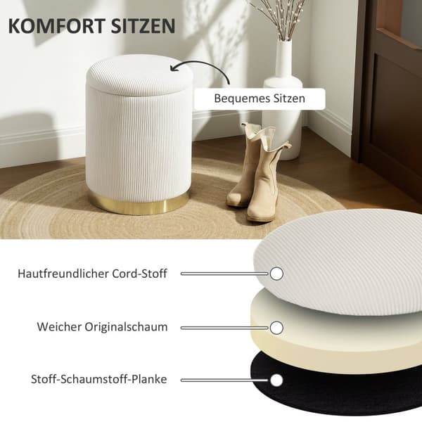 Krakk med oppbevaringsplass krakk med lokk, stålunderstell, rund fotskammel polstret krakk med fotputer, snorlook 36 x 36 x 44 cm kremhvit |