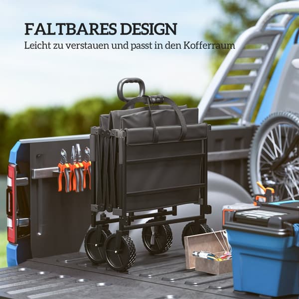 Puutarhavaunu, kantavuus 100 kg, kokoontaitettava, pidennetty kuljetuskärry irrotettavalla pressulla, kahvapyörät, käsikärry, käsikärry, puutarhakärry