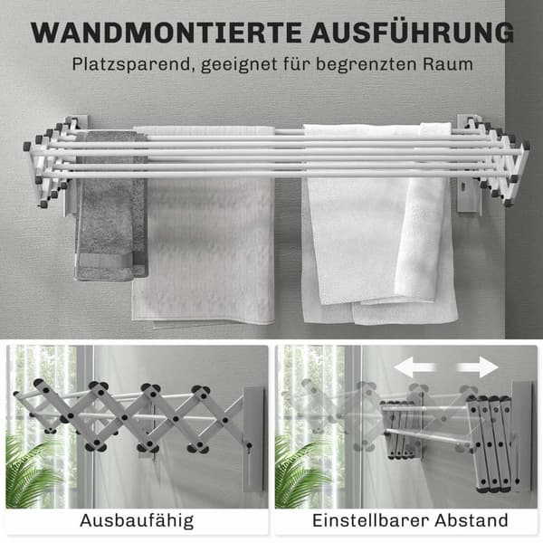 Tøj Airer Wall Udtrækkelig Tøjtørretumbler Vægmonteret med 8 aluminiumsstænger, pladsbesparende tørrestativ til indendørs og udendørs brug 86 x 61 x 2