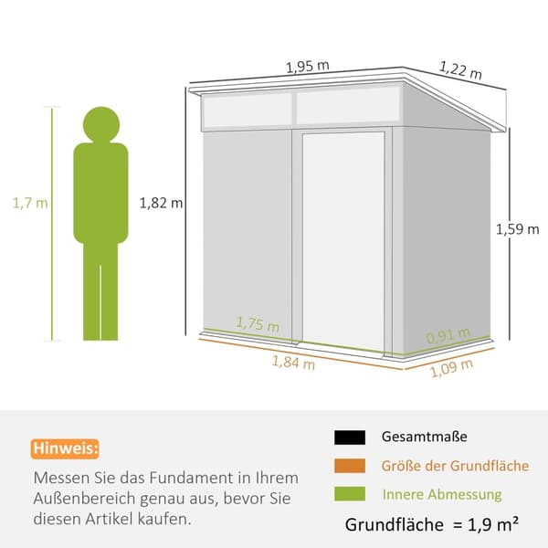Verktøyskur i metall 1,9m² 195x122x182cm Verktøyskur med fundament Pent Takvindu Skyvedørskrok Hansker Værbestandig hageskur Utendørs hageskur for bak