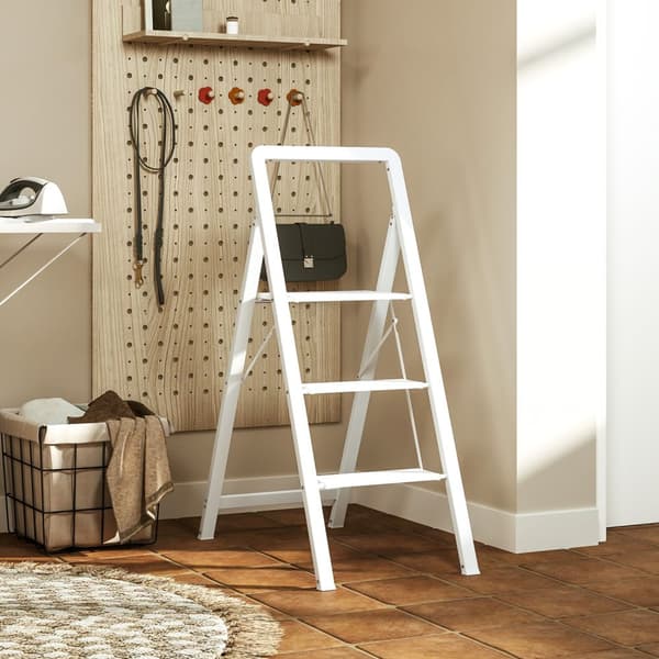 Trinnstige med 3 trinn, anti-skli sammenleggbart trinn med håndtak, last opp til 150 kg, lett aluminiumsstige, 66,3 x 41,5 x 104,6 cm, hvit
