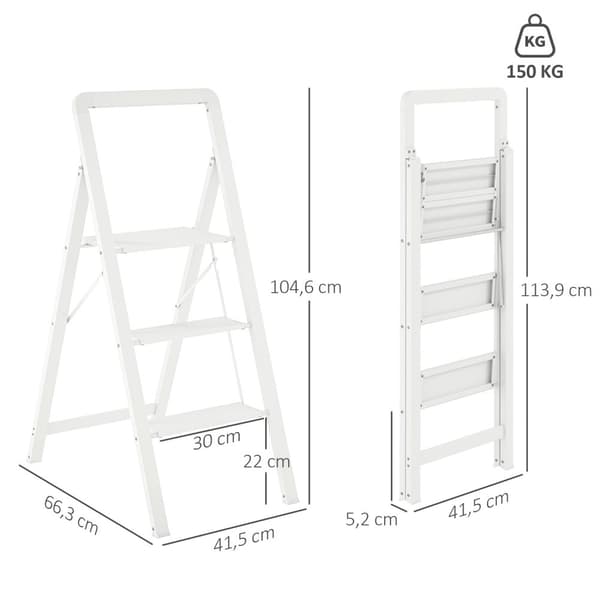 Trinnstige med 3 trinn, anti-skli sammenleggbart trinn med håndtak, last opp til 150 kg, lett aluminiumsstige, 66,3 x 41,5 x 104,6 cm, hvit