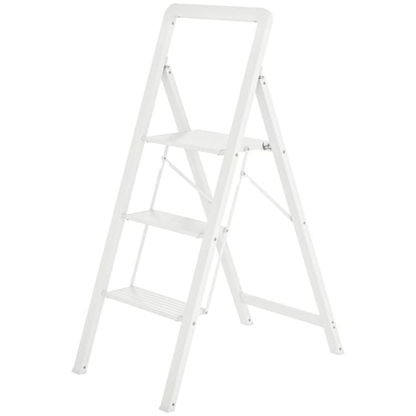 Trinnstige med 3 trinn, anti-skli sammenleggbart trinn med håndtak, last opp til 150 kg, lett aluminiumsstige, 66,3 x 41,5 x 104,6 cm, hvit