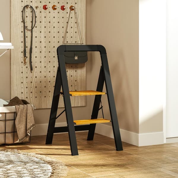 Trinnstige sammenleggbart trinn med 2-trinns trinnstige med håndtak, sklisikker plattform opp til 150 kg lastekapasitet aluminium svart 44,5 x 48 x 86
