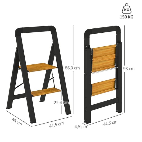 Trinnstige sammenleggbart trinn med 2-trinns trinnstige med håndtak, sklisikker plattform opp til 150 kg lastekapasitet aluminium svart 44,5 x 48 x 86