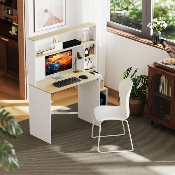 Skrivebord 113 x 45 cm Databord Kontorbord med åpne hyller CPU-stativ Stålramme for hjemmekontor Soverom Eik |