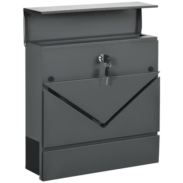 Veggpostkasse med lås, lokk, postkasse av galvanisert stål, for utendørs bruk, 37 x 10,5 x 37 cm, mørkegrå |