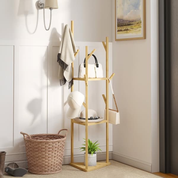Naulakko, Vaateteline, 8 koukkua, 3 tasoa, Hattuteline, Vaatteet, Sisäänkäynti, Eteinen, 45 x 45 x 170 cm, Bambu, Luonnollinen |