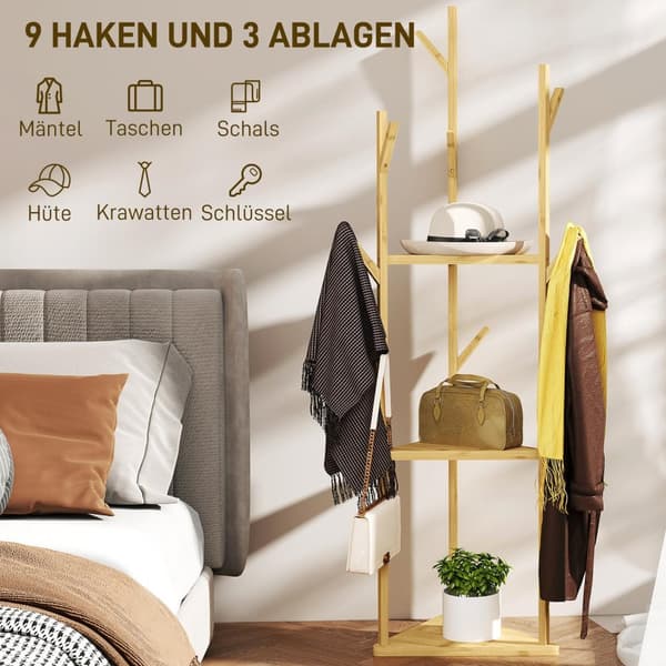 Naulakko, Vaateteline, 8 koukkua, 3 tasoa, Hattuteline, Vaatteet, Sisäänkäynti, Eteinen, 45 x 45 x 170 cm, Bambu, Luonnollinen |