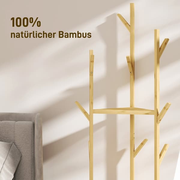 Naulakko, Vaateteline, 8 koukkua, 3 tasoa, Hattuteline, Vaatteet, Sisäänkäynti, Eteinen, 45 x 45 x 170 cm, Bambu, Luonnollinen |